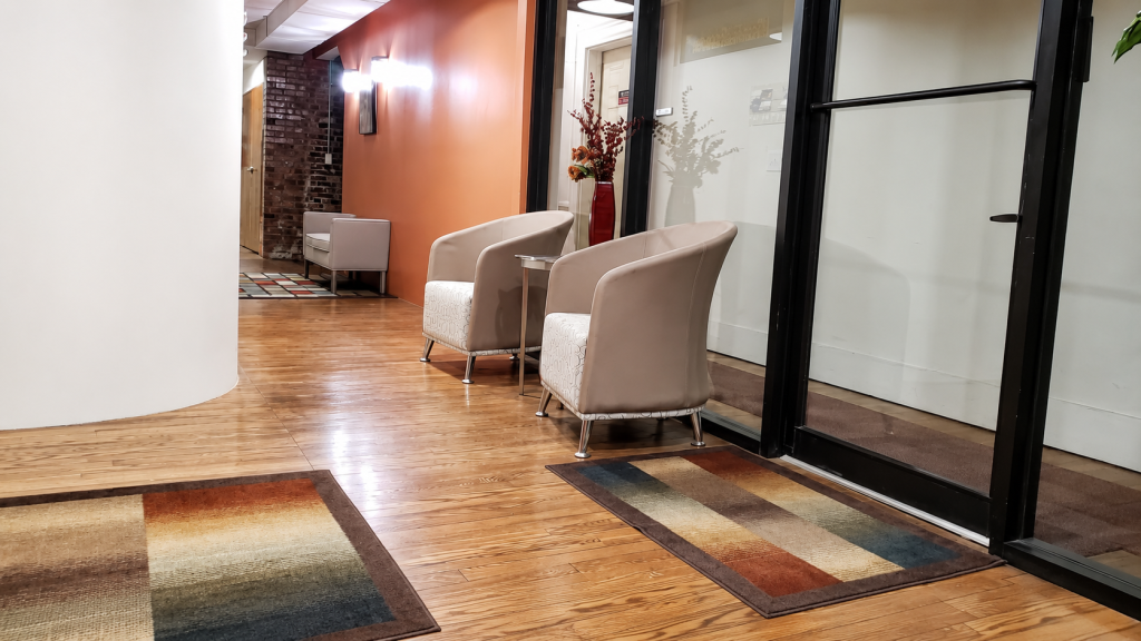 Open lounge beside the office suites for rent in Valparaiso at Courthouse Square Office Lofts